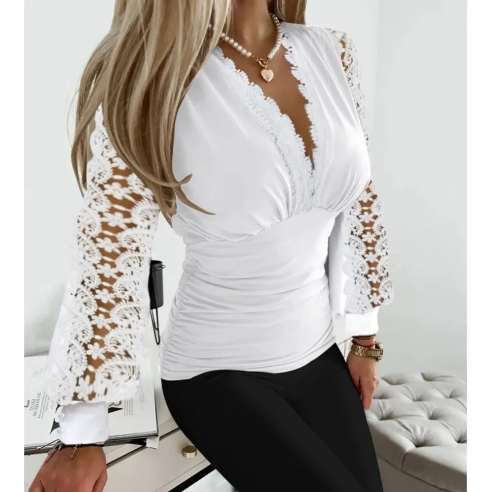 

Autumn Sexy V-neck Lace Splice Shirt Women's Fashion Hollow Out Lantern Sleeve Slim Fit Female Blouse White Elegant OL Clothing