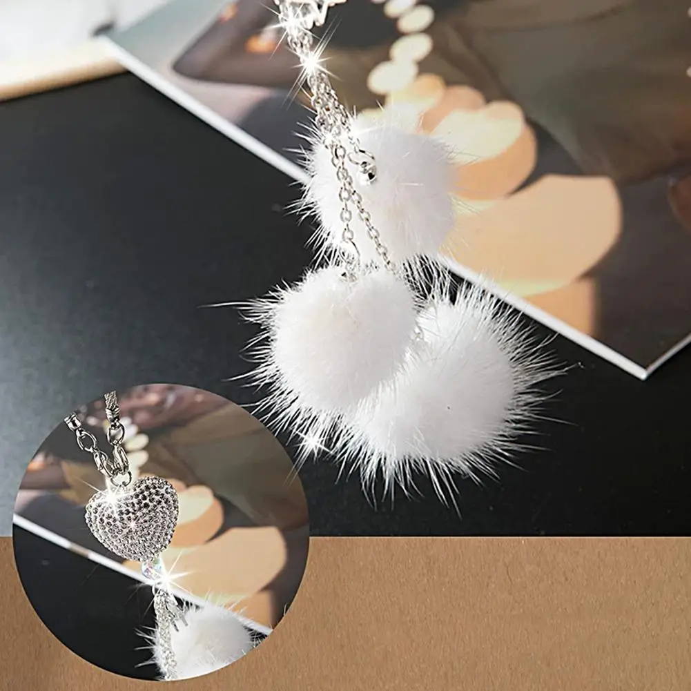 

MotorPark Car Rear View Mirror Interior Hairball Pendant Metal Heart Diamond Decorative Hanging Ornaments Rhinestone Styling