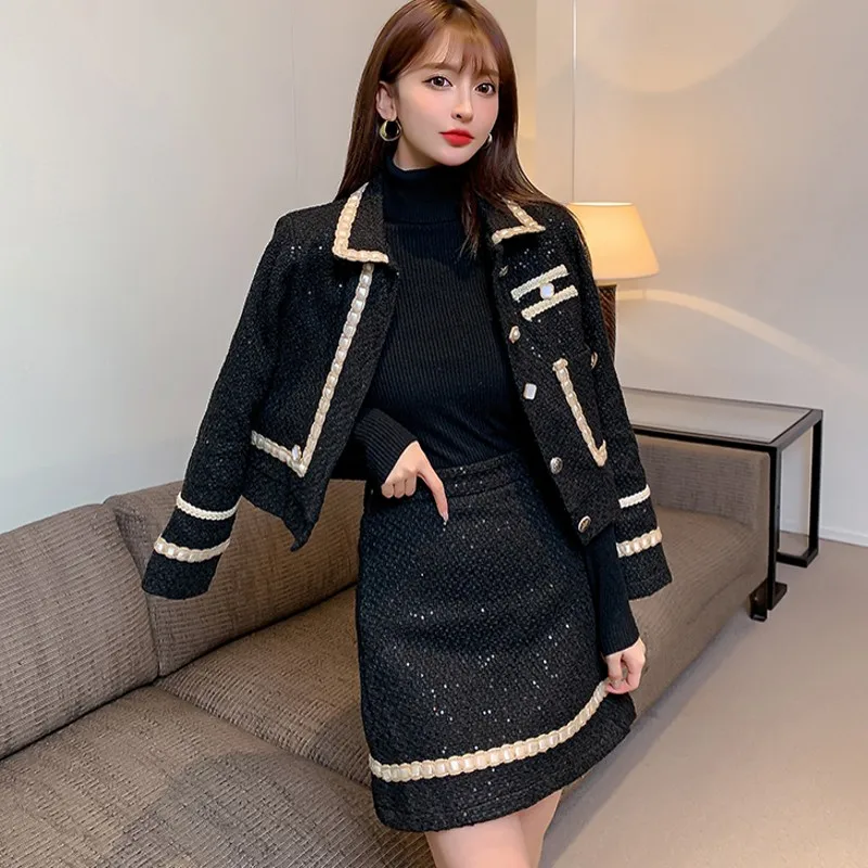 

Autumn Winter French Small Fragrance Vintage Gold Tweed Vintage Tweed Two Piece Set Women Temperament Lapel Fashion Suit