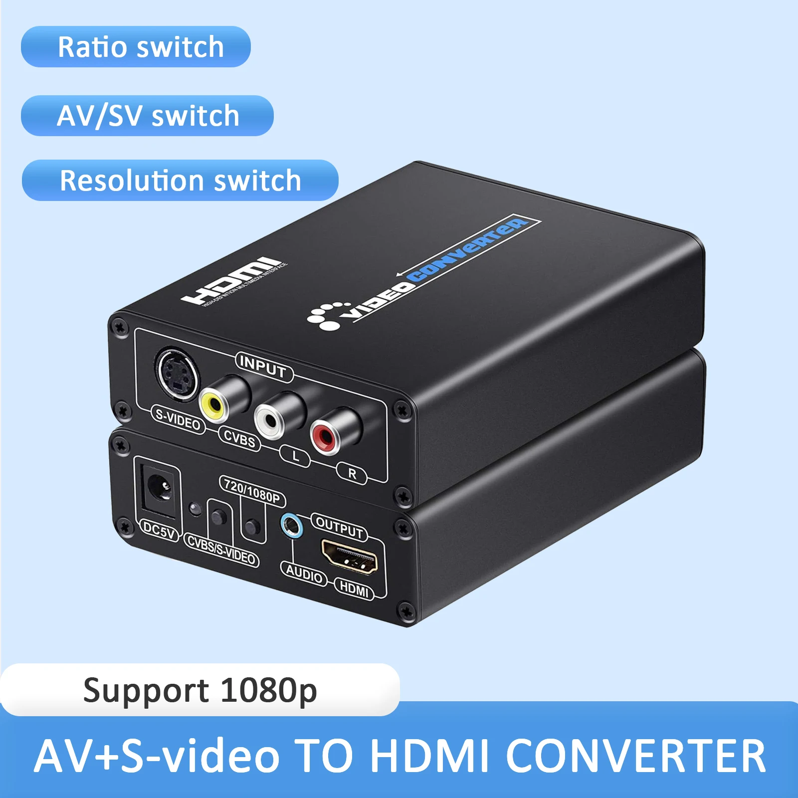 Фото Конвертер AV S Video CVBS в HDMI Upscaler HD 3RCA в HDMI адаптер с поддержкой переключателя PAL/NTSC для VHS/N64/PS2/WII в HDTV №1