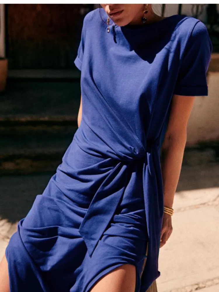 

Women O-Neck Slim Midi Dress 2022 Summer Fit Slit Short-Sleeved Fresh Lace-Up Elegant Ladies High Waist Long Robes