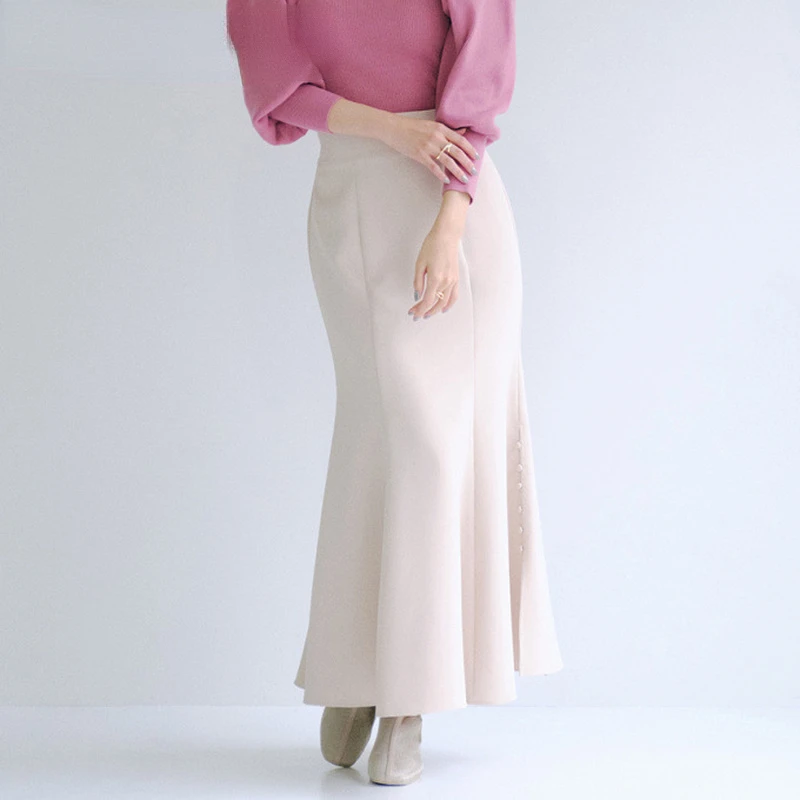 

2022 Spring New Fashion Mujer Faldas Japanese Temperament Lady Jupes Solid High Waist Sliming Folds Slit Button Skirt