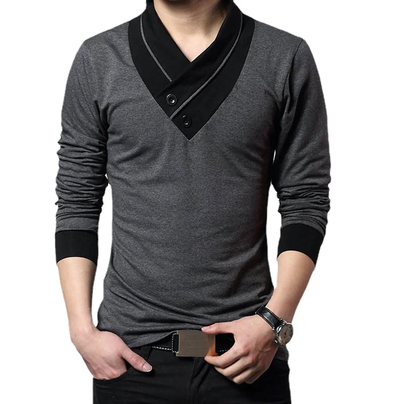 

NO.2 A1106 TFETTERS Brand Autumn Fashion Men T-shirt T-Shirt Men Patchwork V-Neck Long Sleeve Slim Fit T-Shirt Cotton