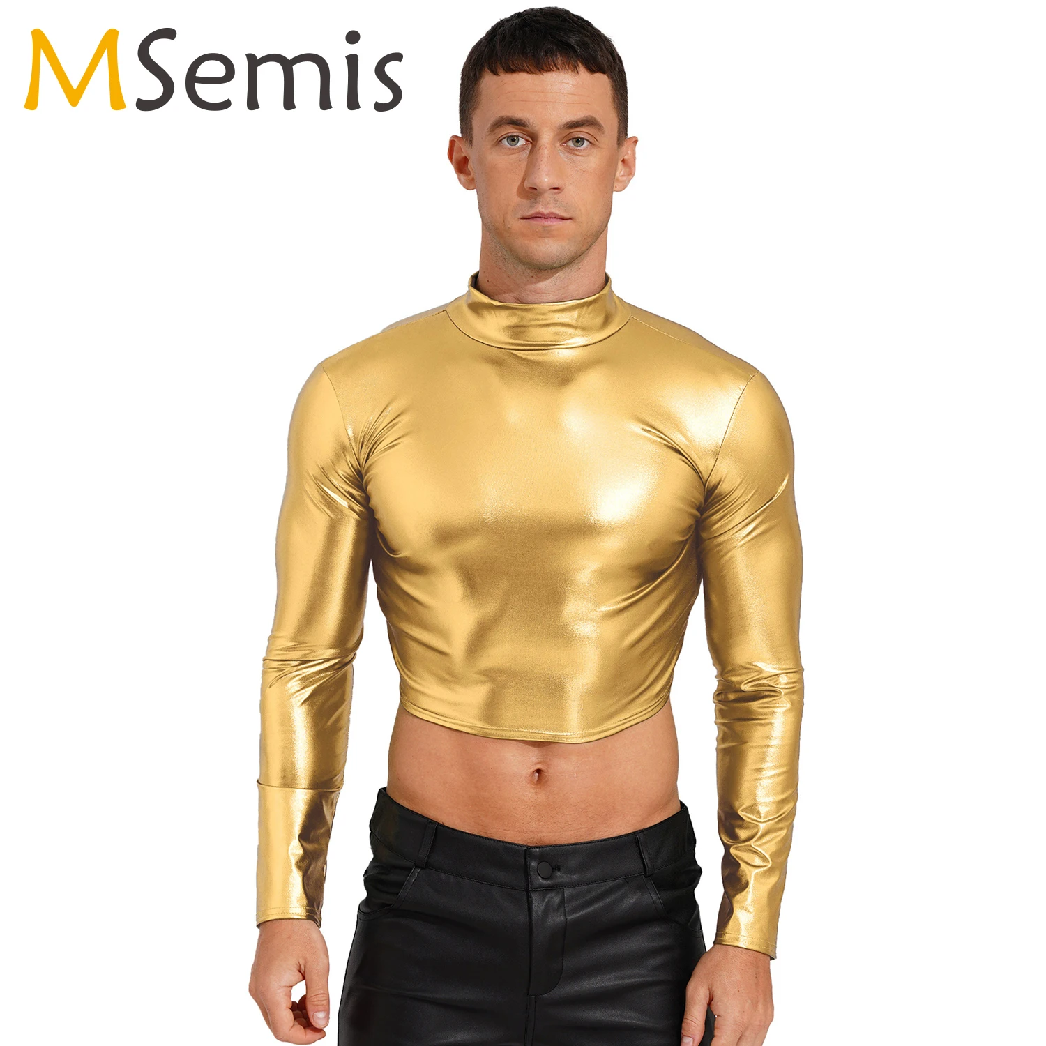 

Mens Metallic Shiny Long Sleeve T-shirt Tops Fashion Glossy Solid Crop Top Festival Clubwear Pole Dancing Stage Rave Outfits