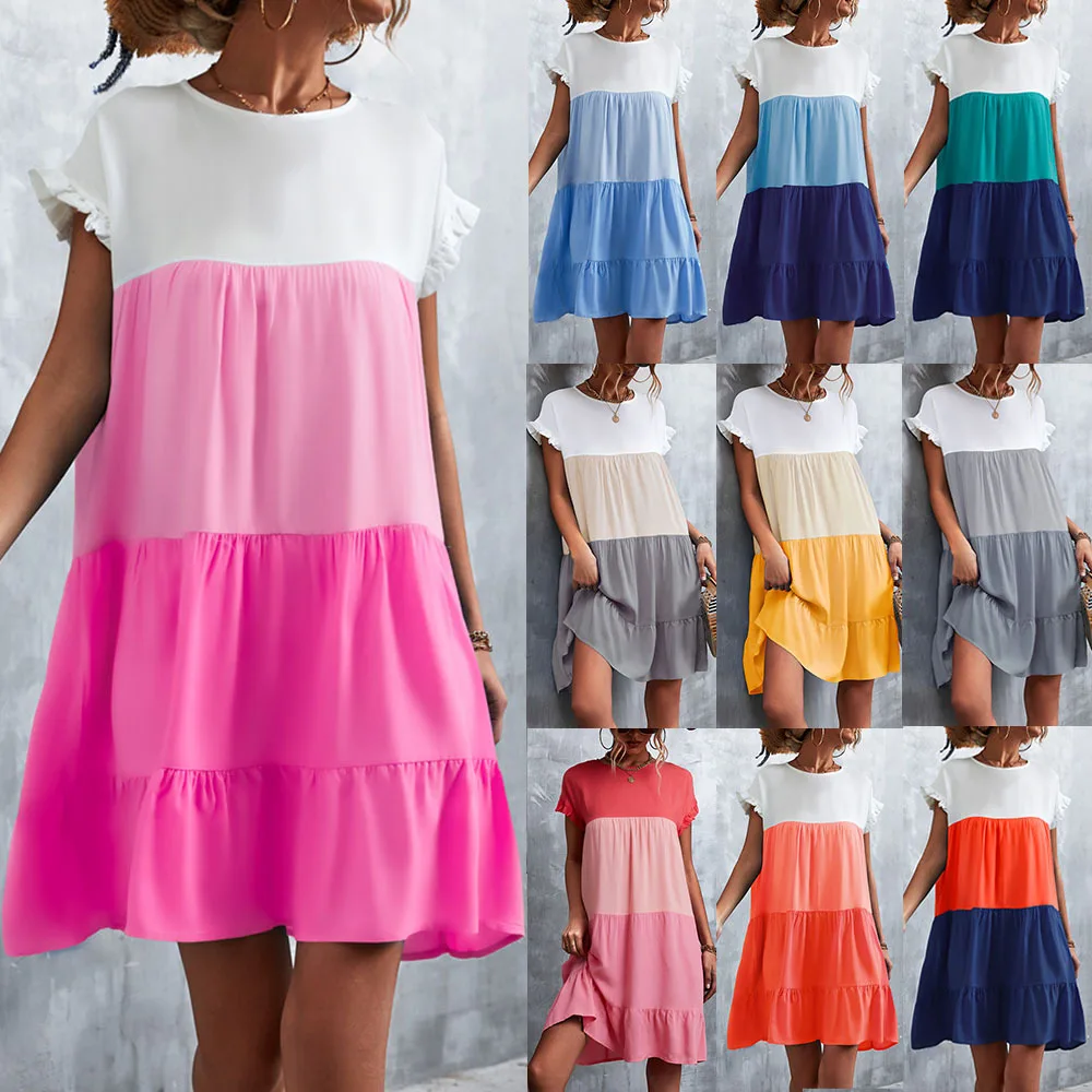 

2022 Spring Summer New Patchwork Color Ruffled Short Sleeve Dress Women Casual Loose O-neck Cotton Elegant Holiday Vestidos XXL