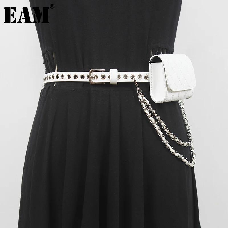 

[EAM] Pu Leather Metal Chain Mini-bag Long Wide Belt Personality Women New Fashion Tide All-match Spring Autumn 2023 1DF1931