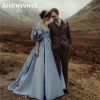 loveweiwei a line stain evening dresses puffy sleeves prom gown sweatheart evening gown blue wedding party dresses robe de bal