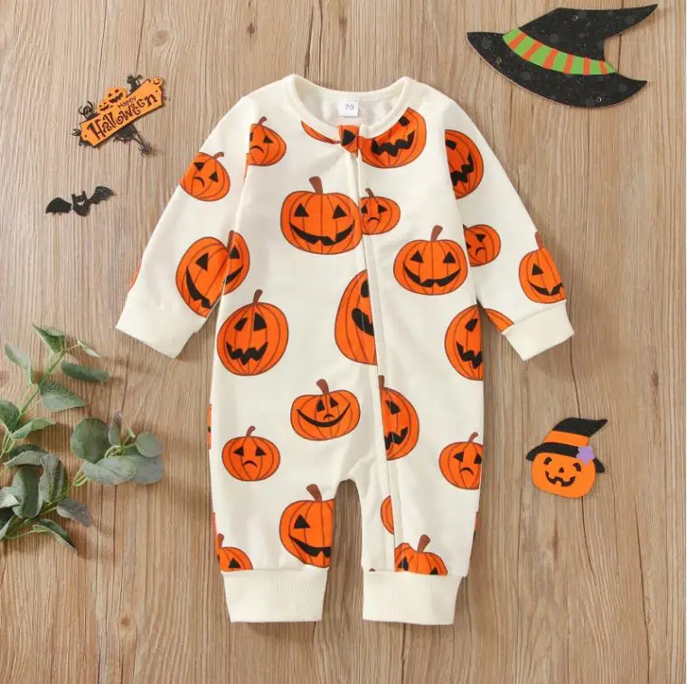 

2022 Fall Baby Girls Boys Halloween Romper Clothes Long Sleeve Pumpkin Printed Zipper Jumpsuit Halloween Costume