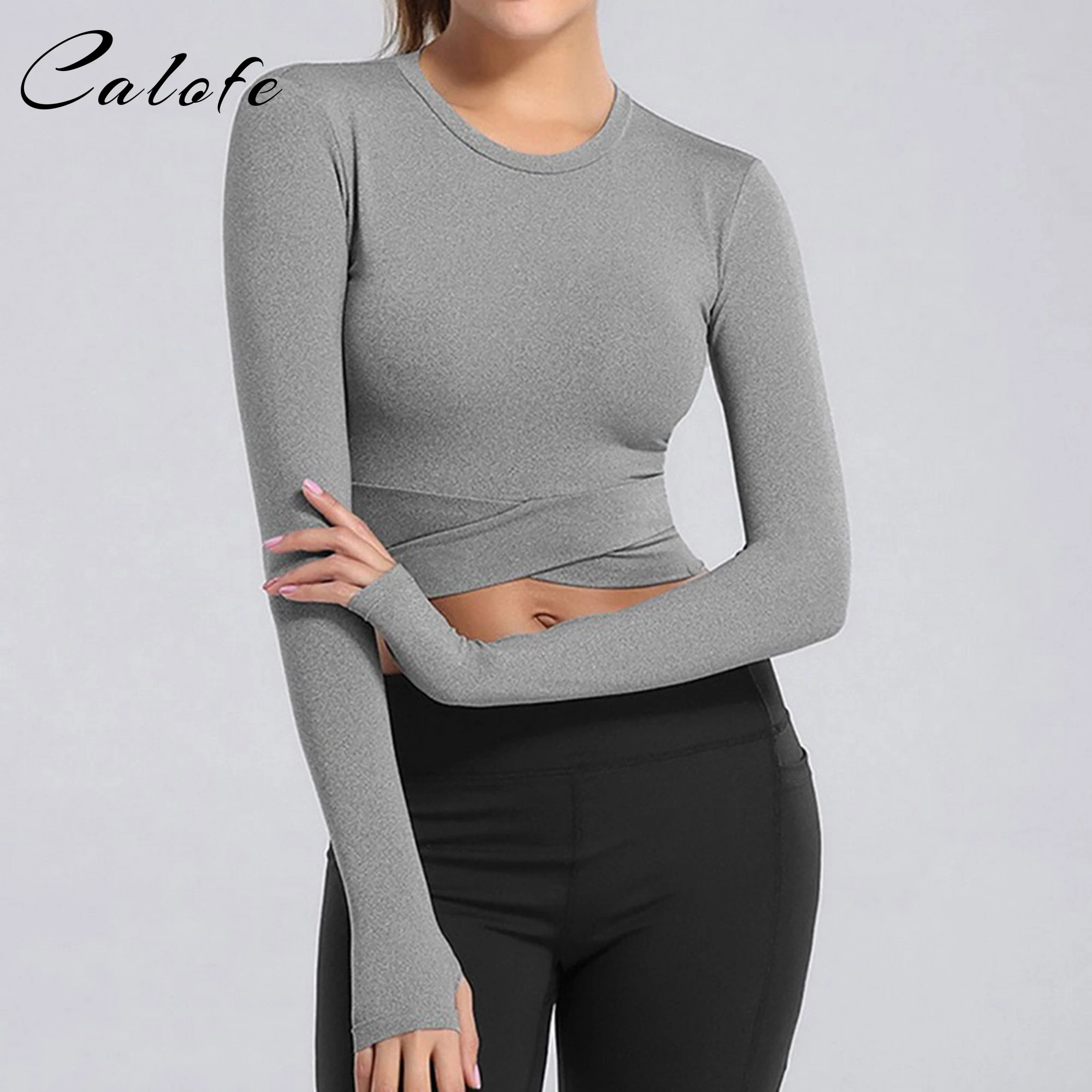 

Sexy Exposed Navel Yoga T-shirts Quick Dry Fitness Gym Crop Tops Solid Color Sports Shirts Women Long Sleeve Running Shirts