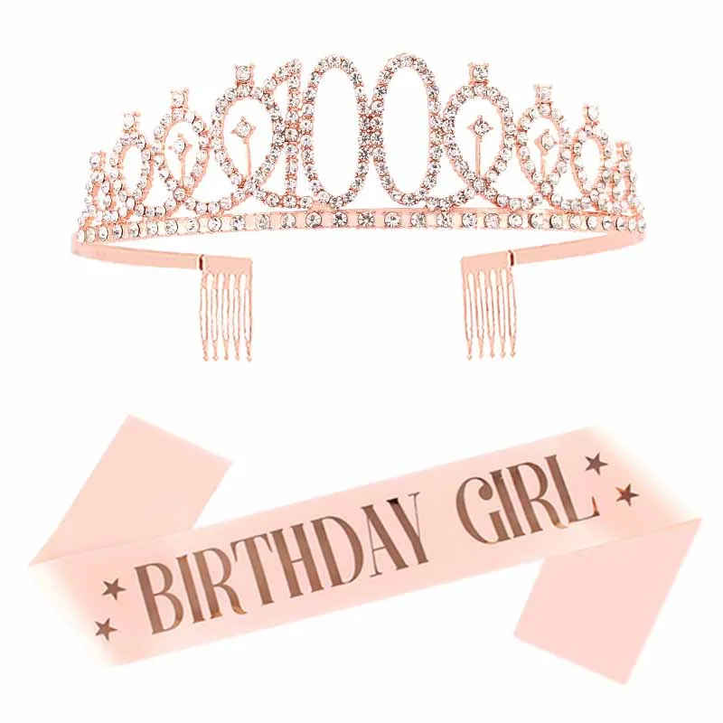 

Rose Gold Birthday Girt Sash and Rhinestone CrownTiara for Women, Princess Headband Crown with Comb Birthday Party Accessories