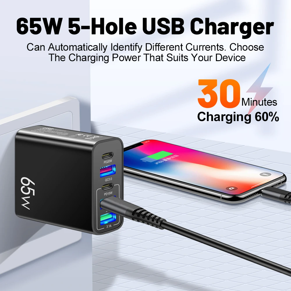 USB Charger 65W Fast Charging Type C Quick Charger 3.0 5 Ports Phone Charger Adapter For iPhone 14 13 Samsung Xiaomi 12 Poco