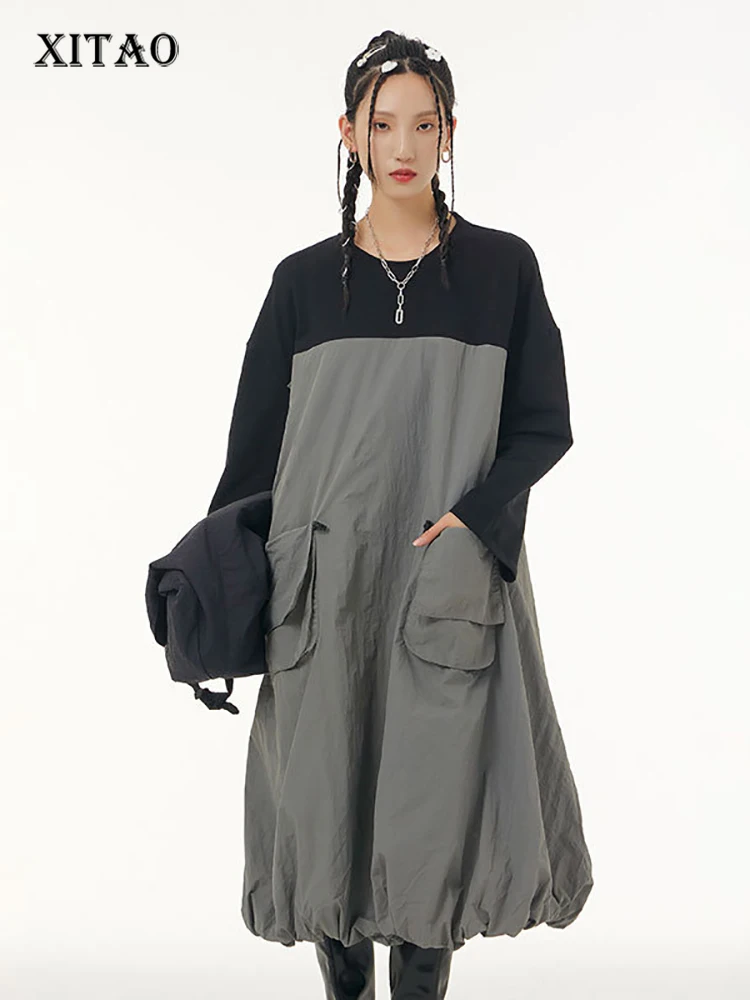 

XITAO, повседневное свободное платье, модное, простое, контрастное, цветное, с вогнутым подолом, Осеннее, новое, длинный рукав, пуловер для женщ...