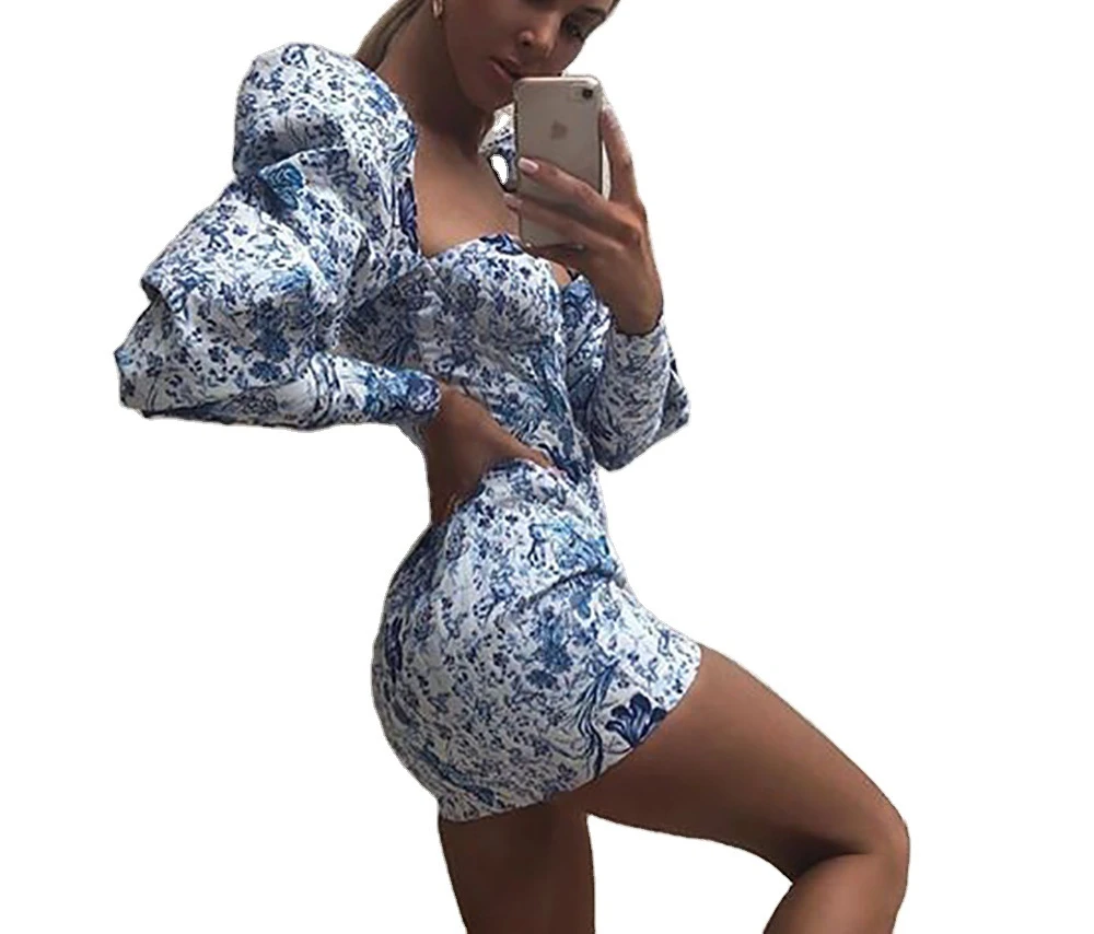 

Slim Printed Puff Sleeve Wrap Chest and Hip Fit Dress Hot Sale Fashion