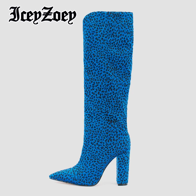 

Женские длинные сапоги IceyZoey, леопардовые зимние теплые сапоги до колена на высоком каблуке, модная Клубная обувь, размеры 34-43, 2022