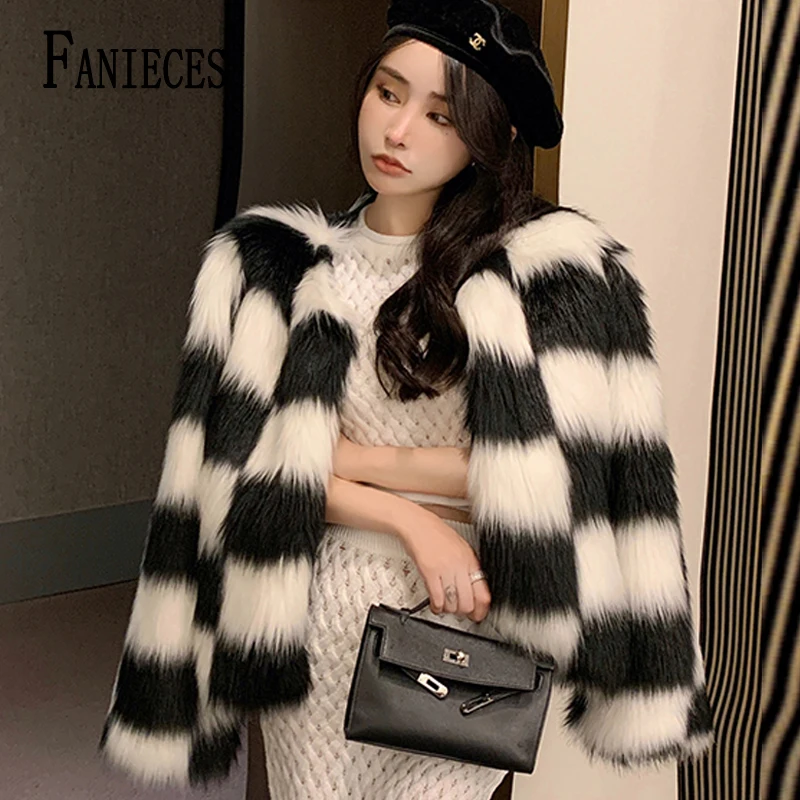 FANIECES черно-белое решетчатое женское пальто из искусственного меха элегантная