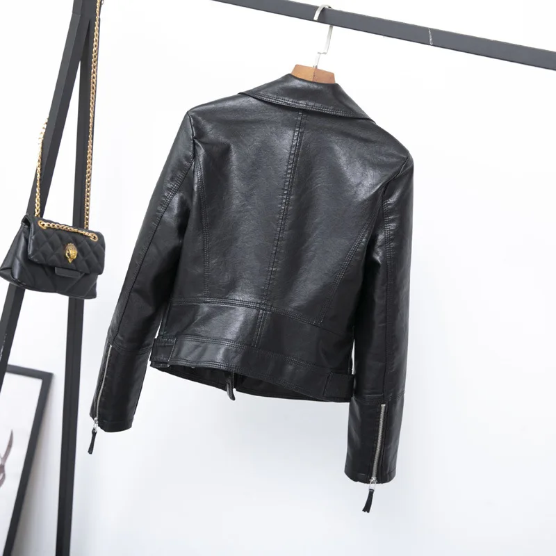 Leather women's short lapel coat 2023 spring and autumn clothes new slim motorcycle leather jacket