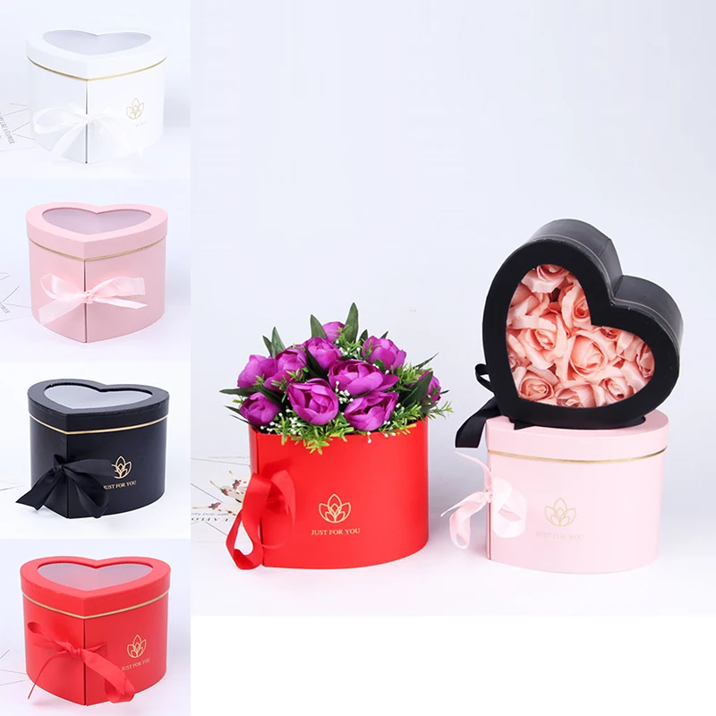 

1PC Paper Box Rotating With Clear Window Heart Shape Flower Packing Box Two Layer Wedding Decor PVC