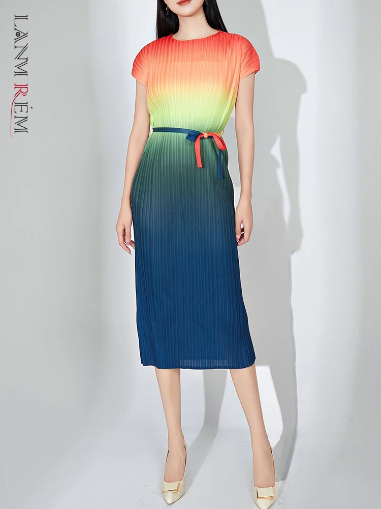 

Женское плиссированное платье LANMREM, элегантные с коротким рукавом платье с круглым вырезом и градиентным принтом, новинка 2023, 2YA3915
