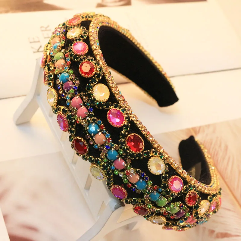 

Роскошная повязка на голову Стразы в стиле барокко, Мягкая повязка на голову, женский красочный стеклянный обруч для волос с кристаллами и широкими полями, аксессуары для волос