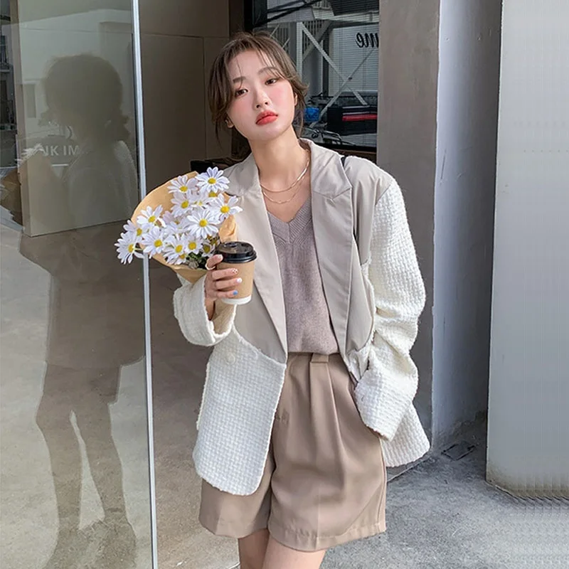 

Корейский Повседневный винтажный костюм контрастных цветов в стиле пэчворк, осенняя Женская свободная короткая куртка, костюм с воротнико...