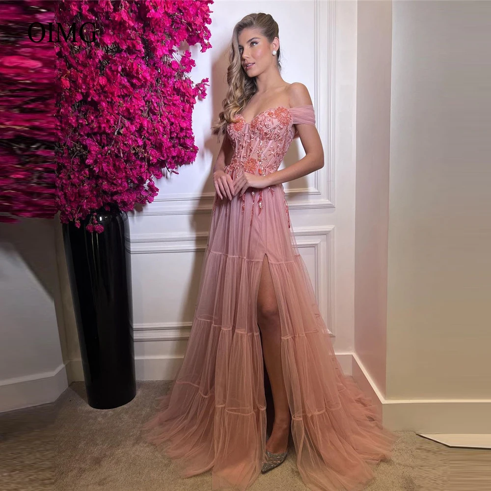 

Off The Shoulder Tulle Long Prom Dresses Sparkly Applique Sequins Slit Tiered Evening Gowns Arabic Women Formal Party Dress