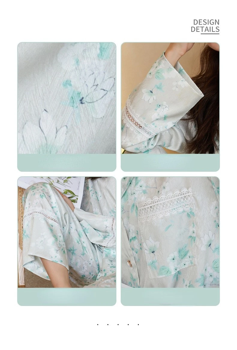 Women's 3 Piece Pajamas Sets Soft Cute Floral Pijama Faux Silk Satin Pyjamas Female Sleepwear Long Sleeve Shirt Trouser Homewear