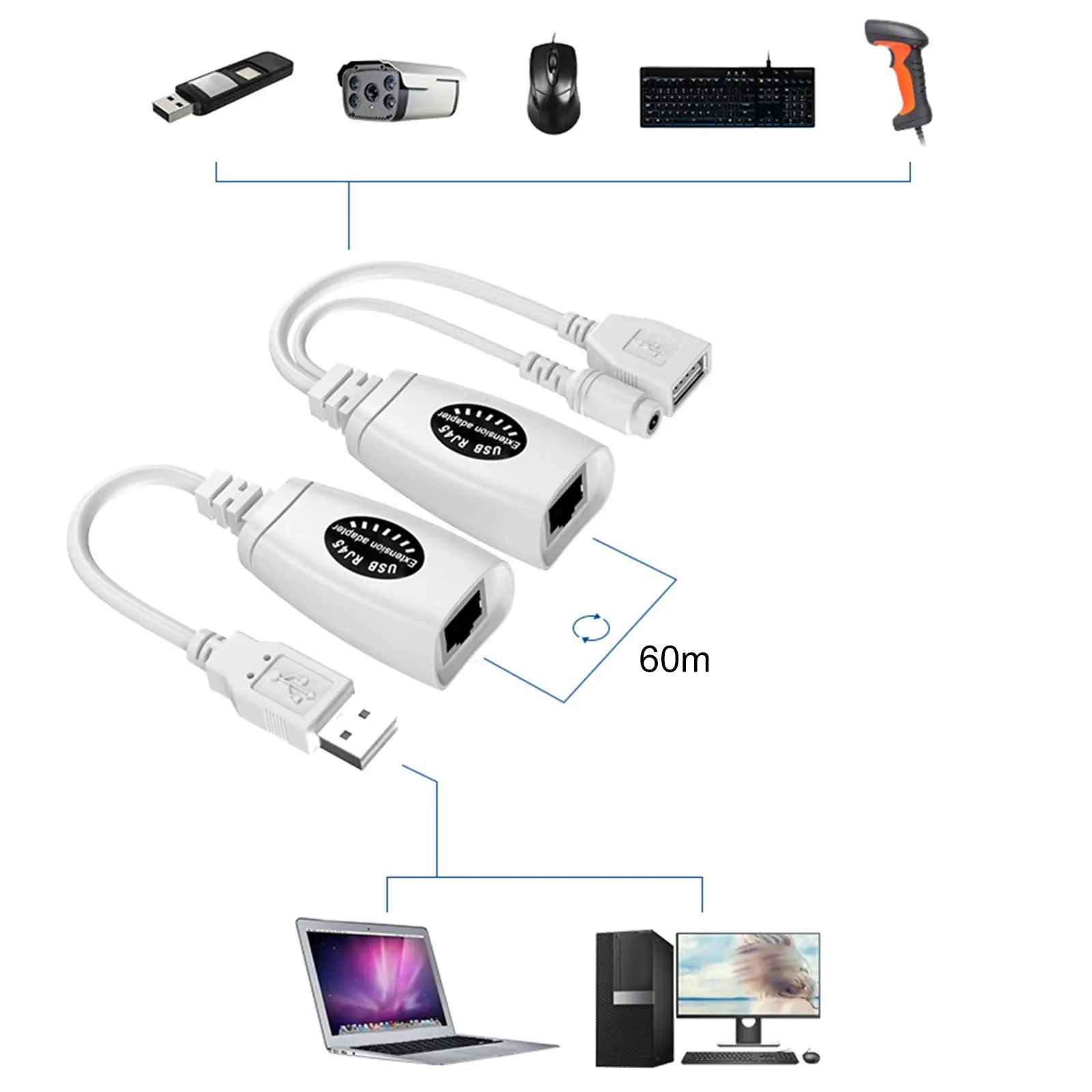 

USB 2.0 Extender to RJ 45 up to 60M Lightweight Portable Over Cat5 Cat5E Cat6 for Scanner Keyboard