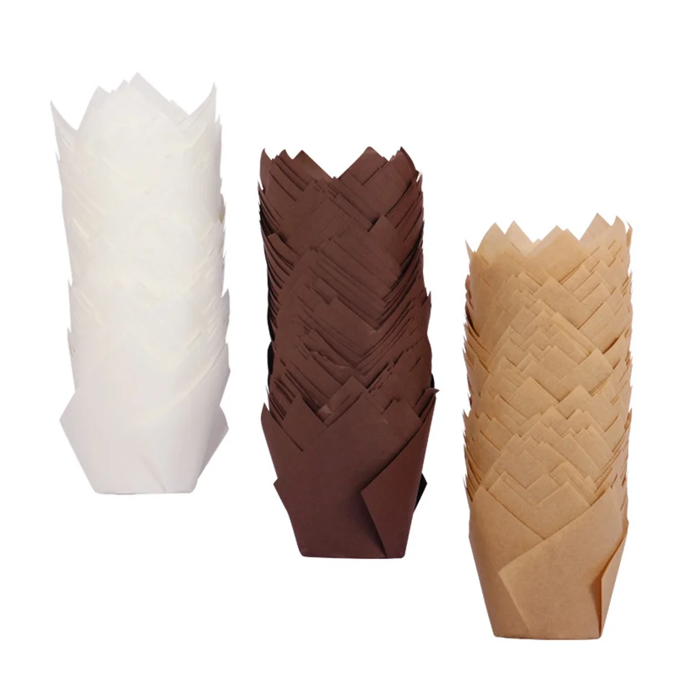 

150 Pcs Tulip Cake Muffin Liner Paper Baking Trays Brown Wrapping Pastry Kraft Cupcake Wrappers Flame Supplies Liners