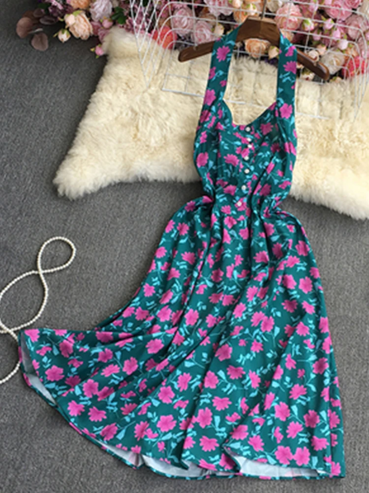 

FMFSSOM летнее Новое Женское модное повседневное однобортное платье на тонких бретельках с принтом милые Сексуальные облегающие трапециевидн...