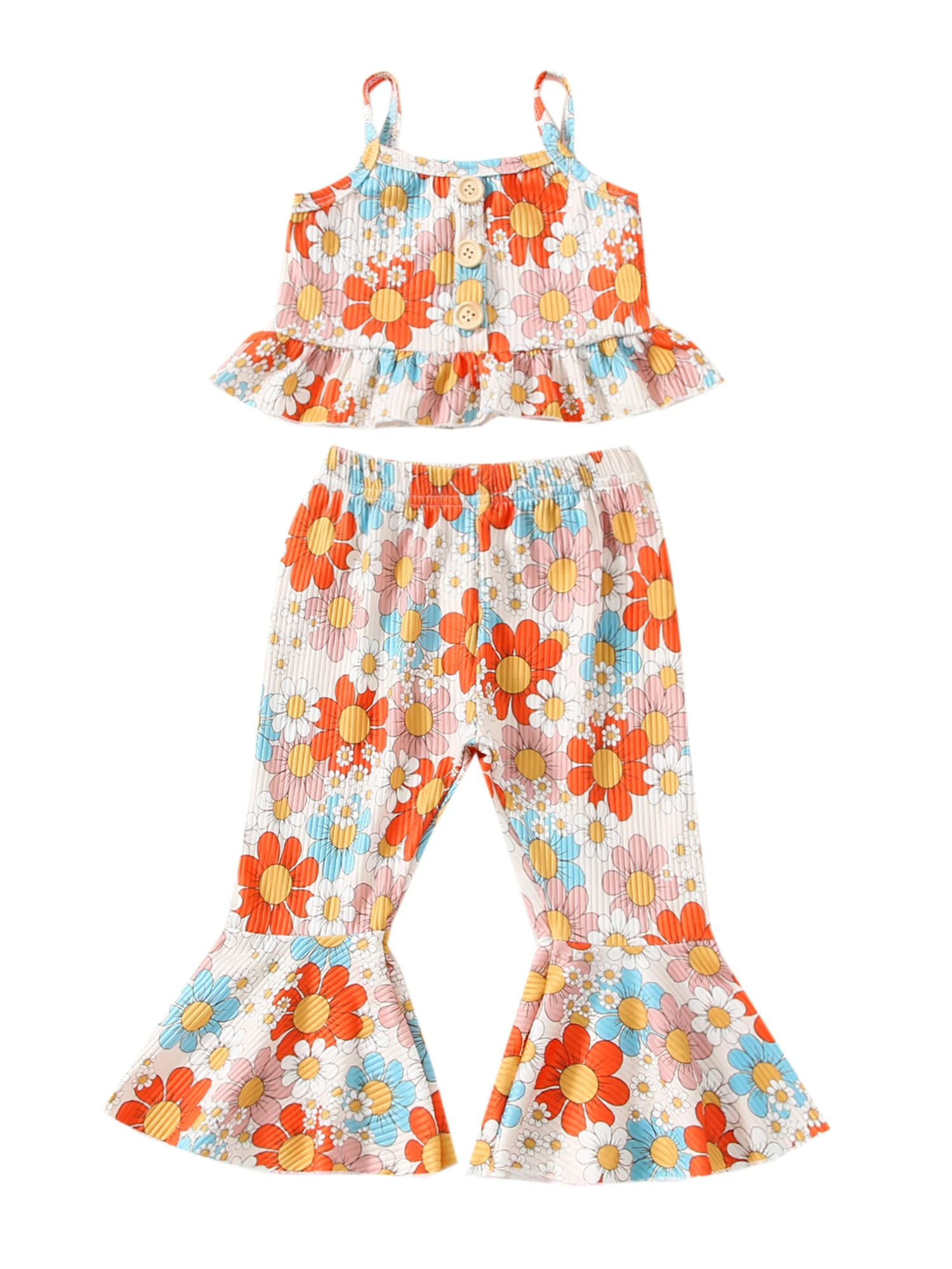 

Наряды для маленьких девочек с цветочным принтом, блузка без рукавов с оборками и повседневные расклешенные брюки