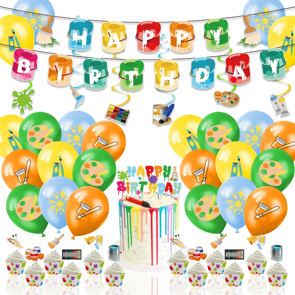 

Art Painting Theme Party Arrangement Balloon Suit Birthday Flag Cake Insert Card Spiral Strap Latex Balloon Party Decoration