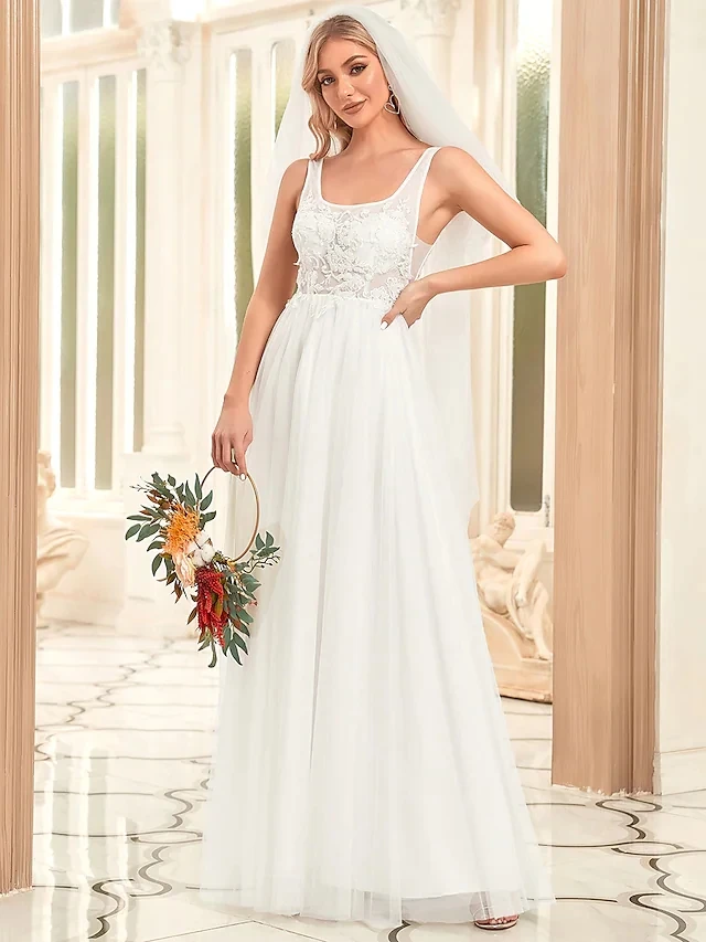 

A-Line Wedding Dresses Scoop Neck Floor Length Lace Tulle Sleeveless Romantic Simple Wedding Dress in Color with Lace
