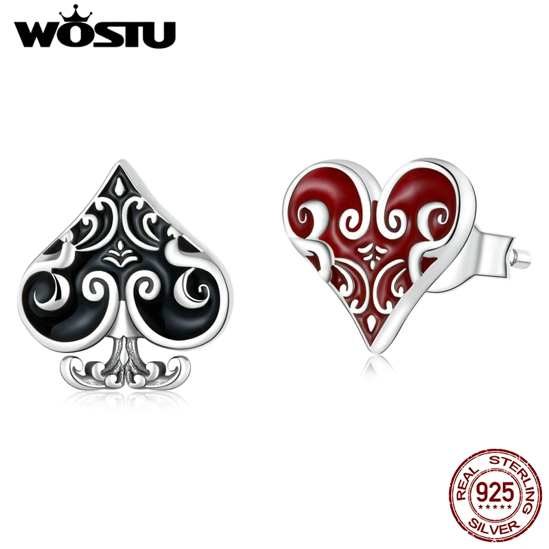 WOSTU 925 Sterling Silver Poker Heart Asymmetrical Black Red Stud Earrings For Women Fashion Party Jewelry Gift CQE1378