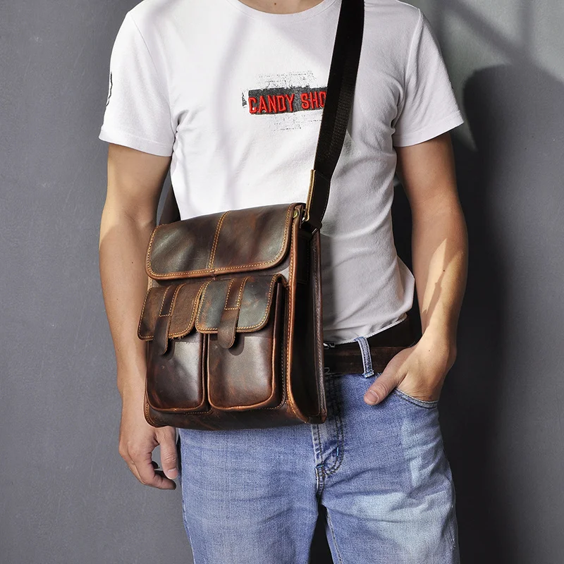 

Real Leather Male Design One Shoulder Messenger bag cowhide fashion Cross-body Bag 10" Pad University School Book bag 009-D