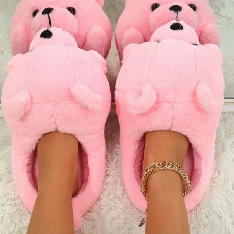 BEVERGREEN 2023 New Little Bear Design Women Slippers  Home Fur  Warm Ladies Plush Shoes One Size Fluffy Girls Fun Sliders
