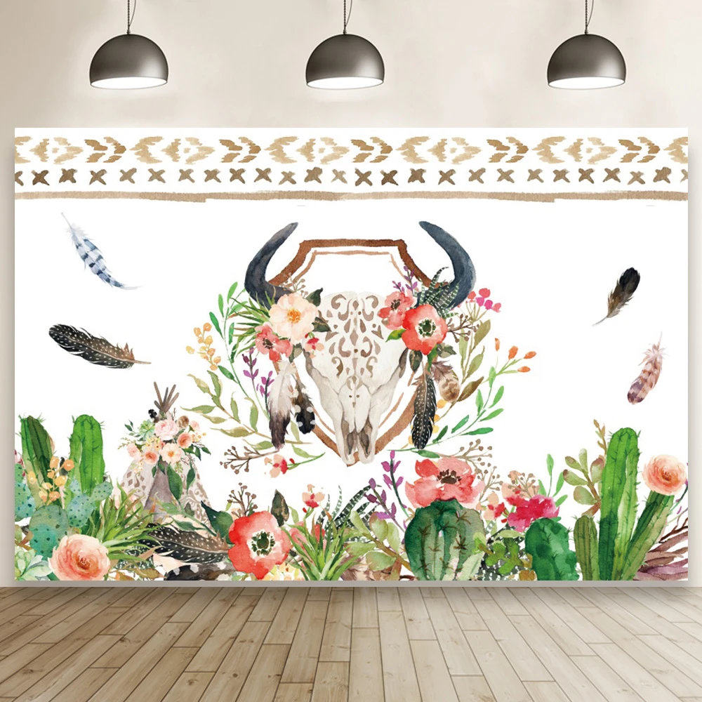 

Cartoon Tribal Party Feather Horns Photography Backdrop Happy Birthday Children Photo Background Banner Booth Poster