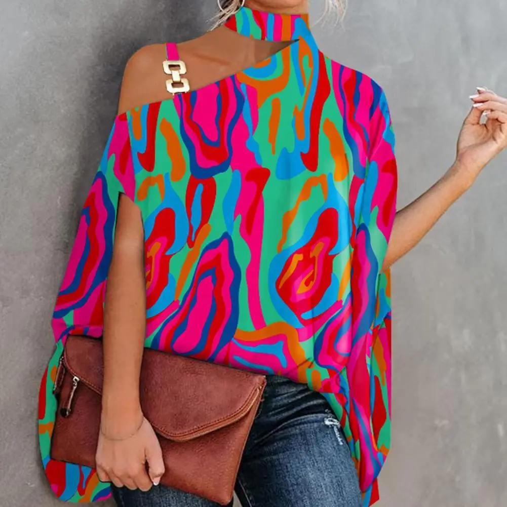 

Trendy Autumn Blouse Contrast Color Soft Baggy Batwing Sleeves Autumn Lady Shirt