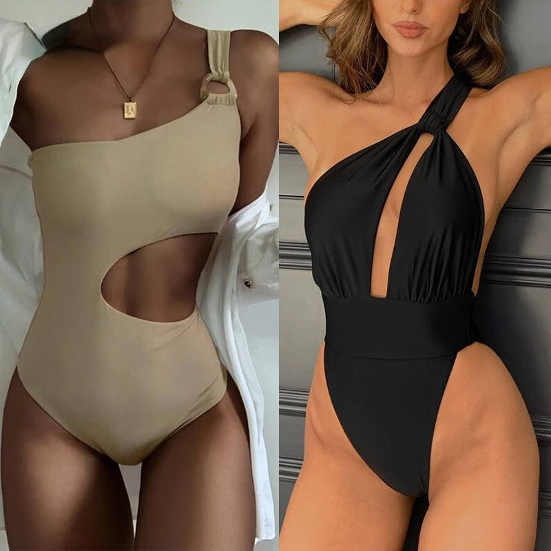 

2022 купальник на одно плечо, женский сексуальный купальник с вырезами, Летние черные купальные костюмы, пляжный купальник с высокой талией, м...