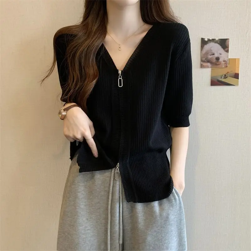 

2023 zipper knit short sleeve t-shirt for women