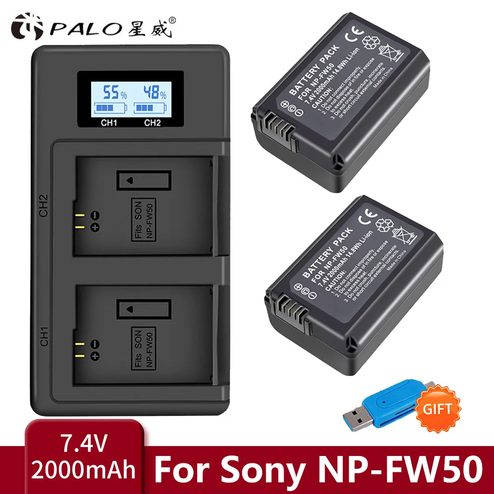 2000mAh NP-FW50 NP FW50 Camera Battery + LCD Charger For Sony A6000 NEX-7 NEX 5N F3 NEX-3D NEX-3DW NEX-3K NEX-5C Alpha 7R II