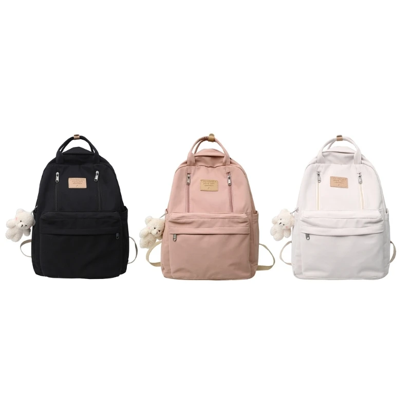 

School Bookbag Nylon Backpack with Cute Pendant for Teen College Large Capacity Schoolbag Solid Color Student Daypack