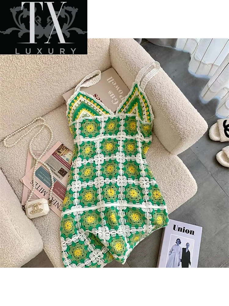 

Knit Women Beach Bodycon Hollow Out Sleeveless Green Y2K 2022 Casual Summer Holiday Sexy Vestidos Party Mini A-line Dress