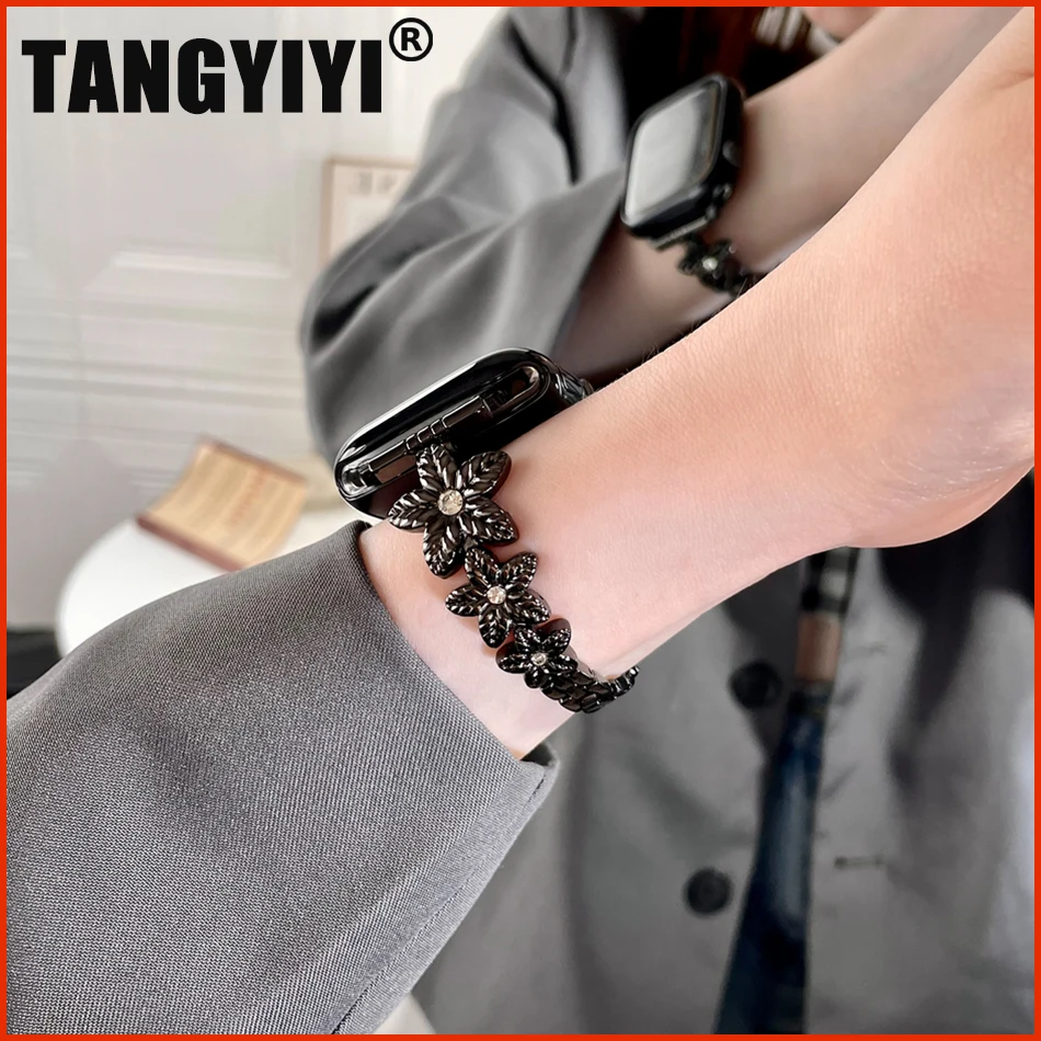 

Fashion Flower Chain Strap For Apple Watch Ultra 49mm iWatch Series 6 7 8 SE 4 5 38/40/41mm 42/44/45mm Metal Steel Band Bracelet