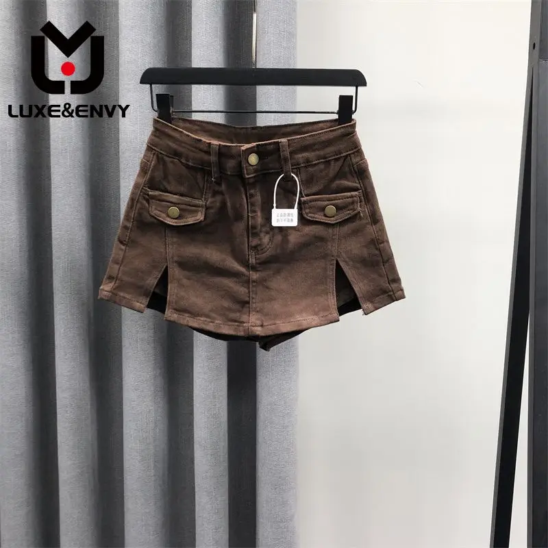 

LUXE&ENVY Coffee Colored High Waist Denim Shorts Skirt Women's New Spring/summer 2023 Fashion Style Design Fake Two A-line