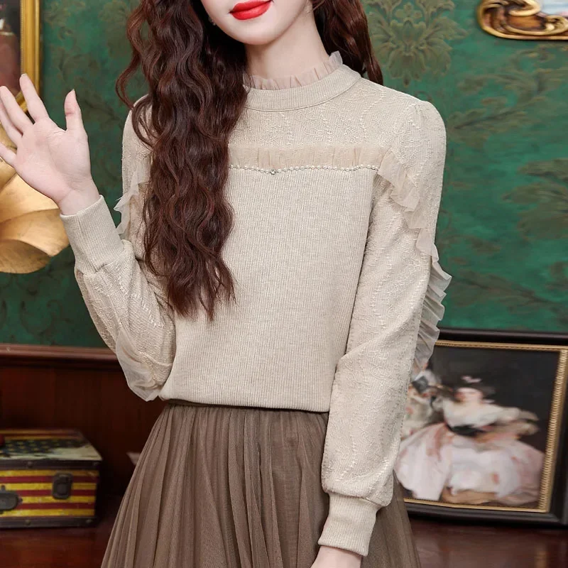 Модная кружевная женская блузка с длинным рукавом рюшами и бисером рубашка