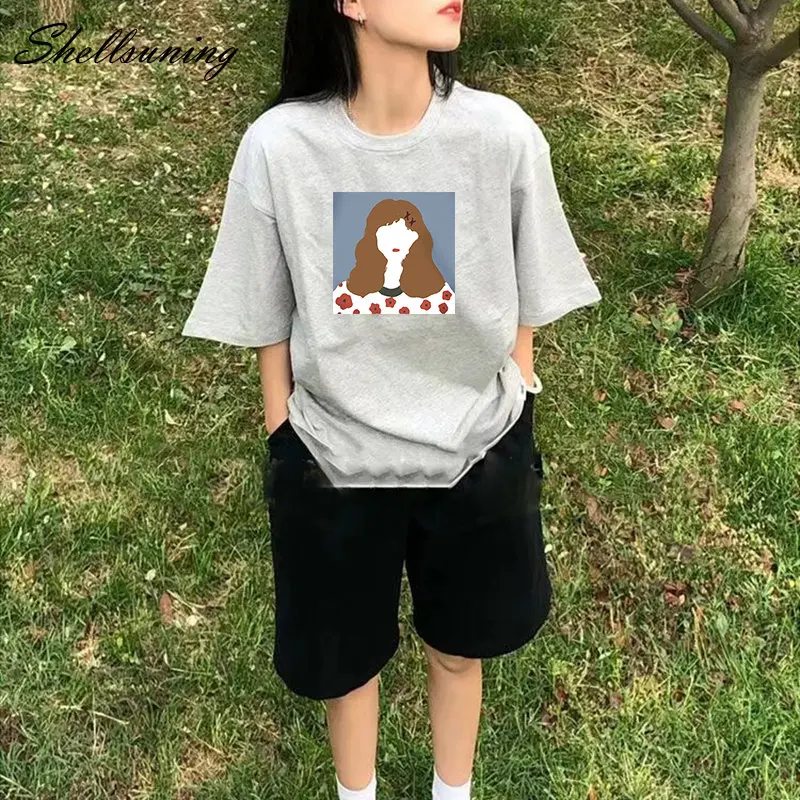 

Shellsuning Loose O Neck Graphic Tee Women Casual Simple Abstract Printed T Shirt Lady Summer 100% Cotton Soft Short Sleeve Tops
