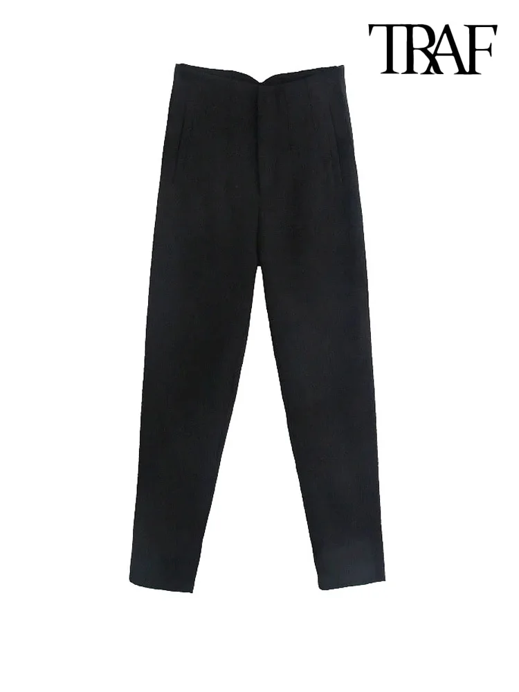TRAF Women Chic Fashion With Seam Detail Office Wear Pants Vintage High Waist Zipper Fly Female Ankle Trousers Mujer