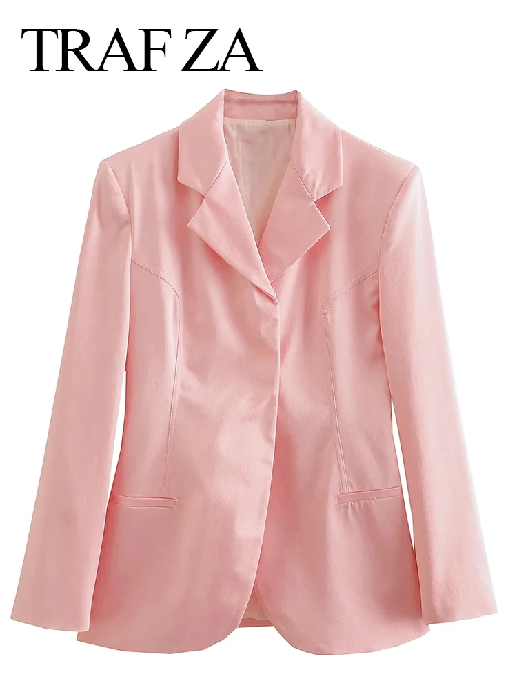 

TRAF ZA Premium Elegant Slim Hidden Button Lady Blazer Fashion Simple Pink Silk Satin Texture Daily Commuter Women's Suit New