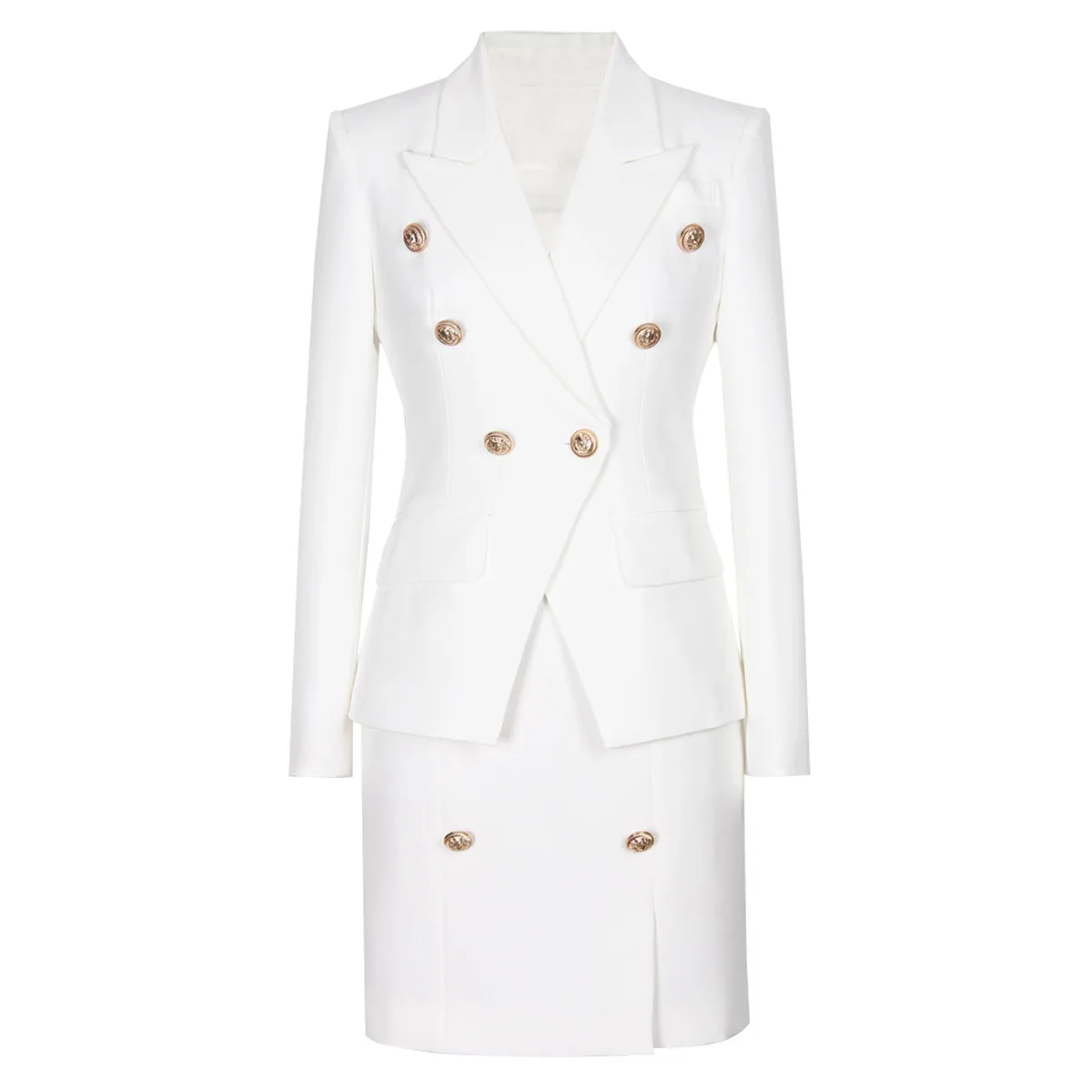 

S-XL High Quality Gold Double breasted Coat Wrap Hip Button Decorative Short Skirt Slim Fit Commuter Women's Set