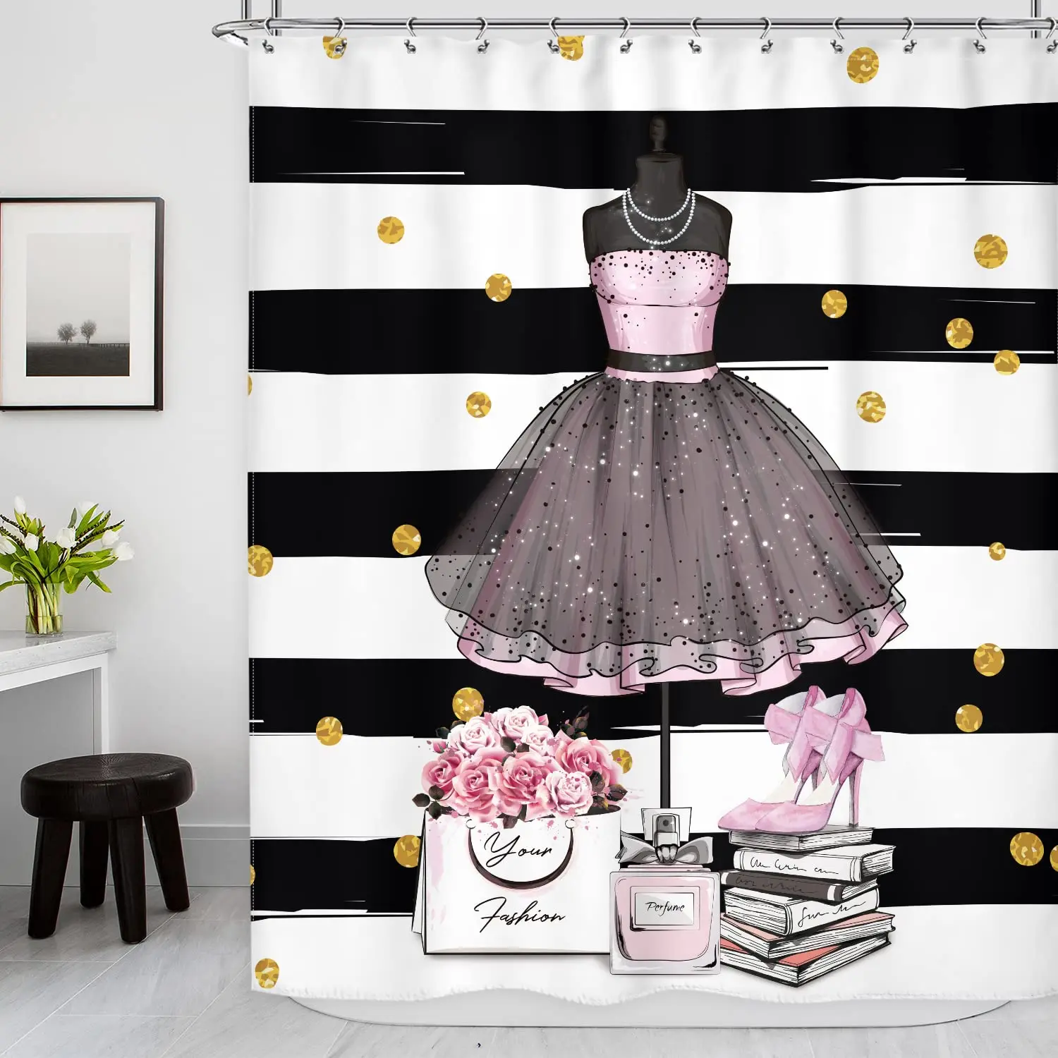 

Shower Curtain Black Red Zebra Stripe Romantic Heart Creative Patchwork Fashion Art Valentine's Day Bath Decor